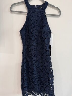 Lulu's Navy Floral Crochet Halter Mini Dress
